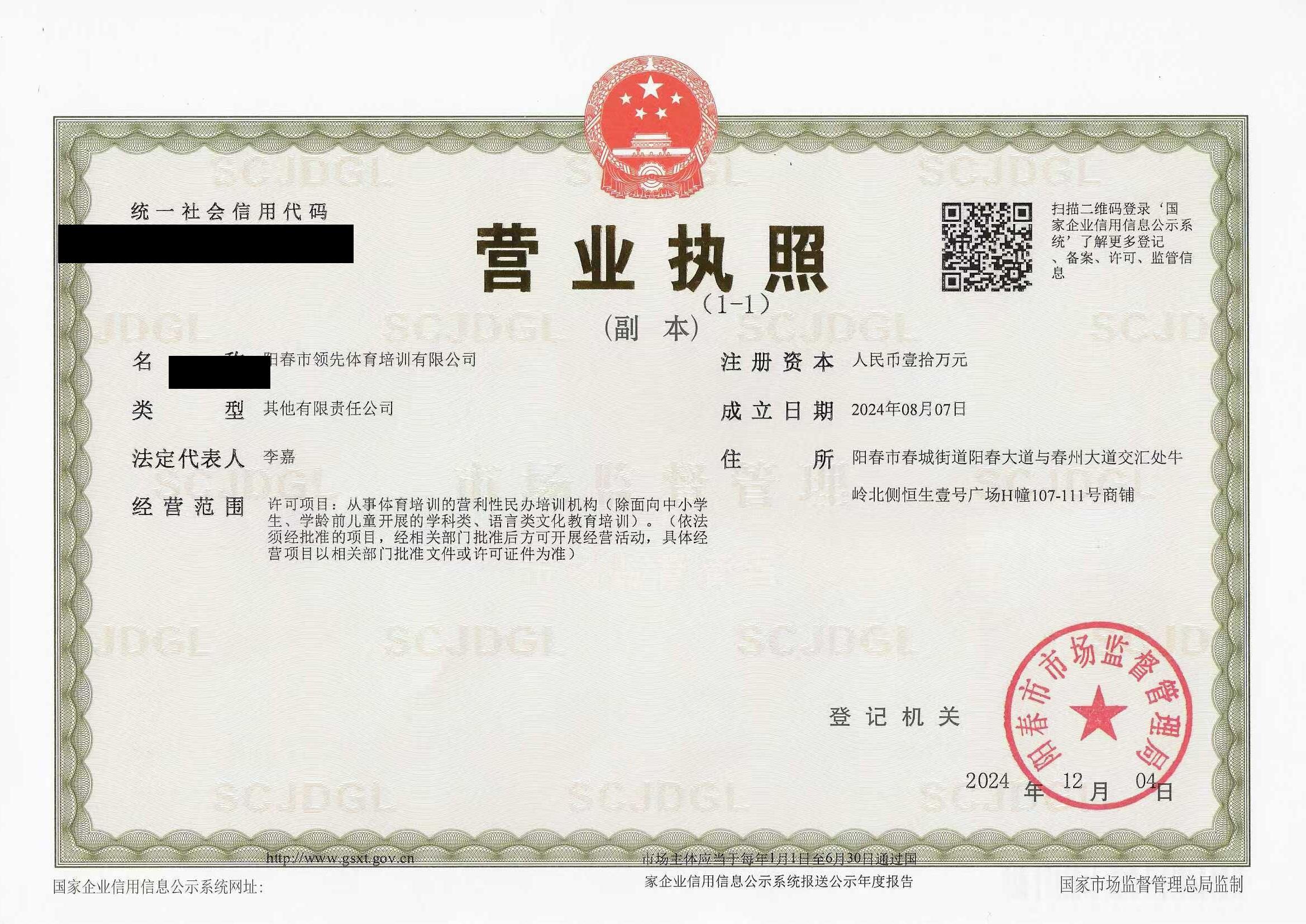 营业执照·阳春市领先体育培训有限公司