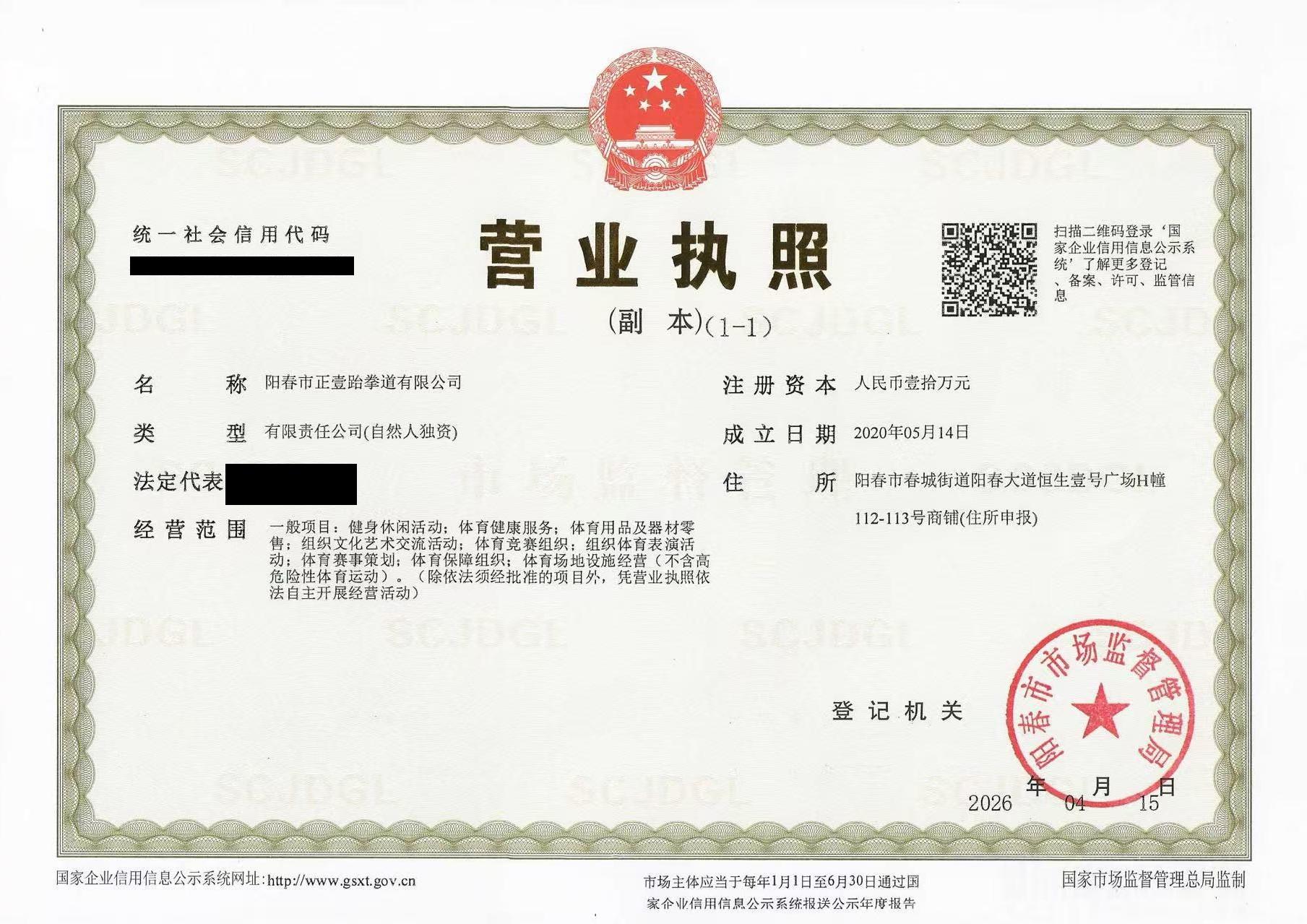 营业执照·阳春市正壹体育培训有限公司